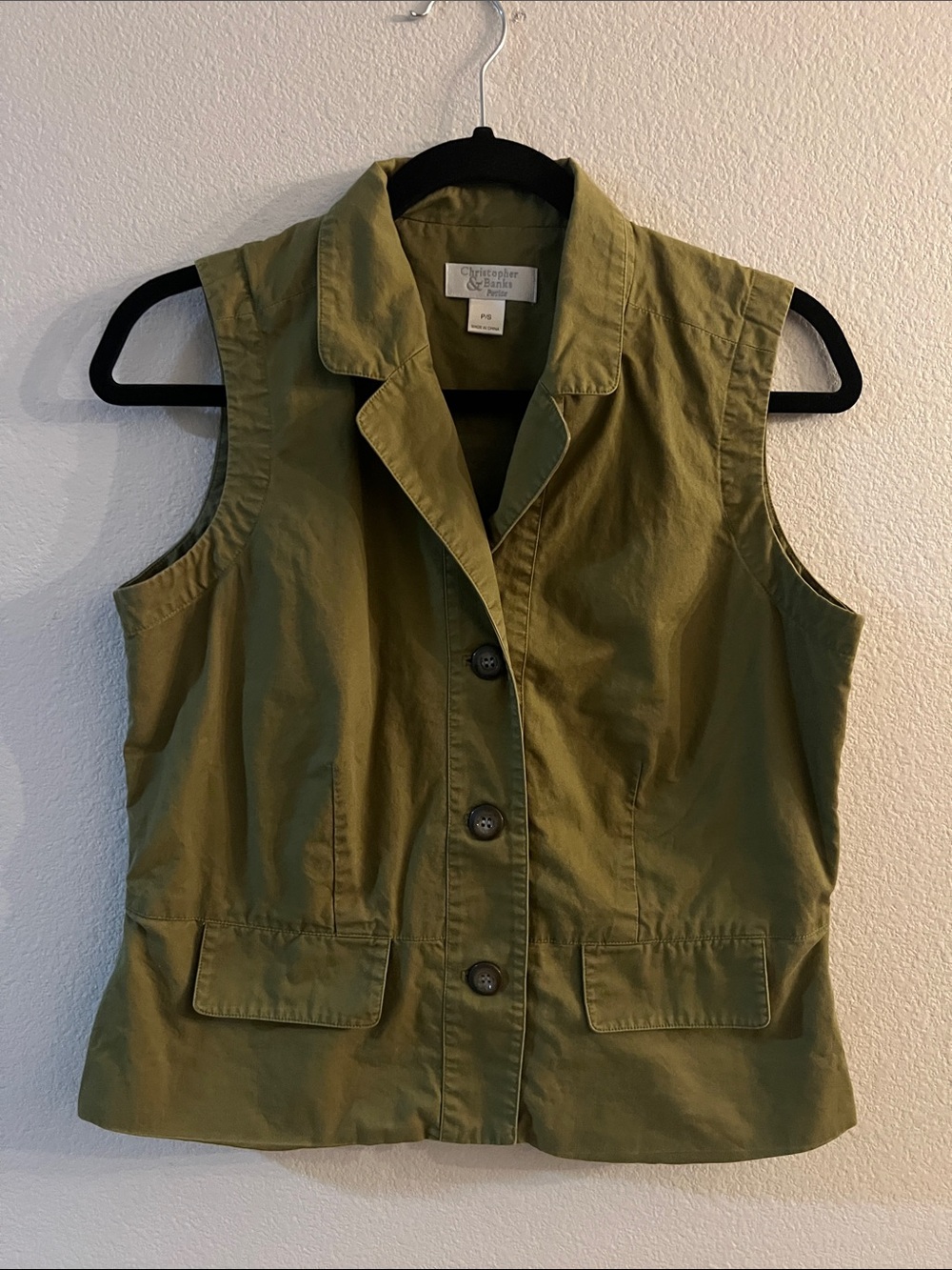 Christopher & Banks Olive Utility Sleeveless Button Vest